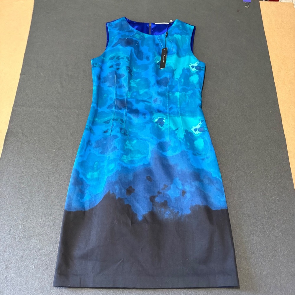 NWT Tahari Dakota Dress Womens Size 6 Blue Fade Black Fitted Cocktail Core